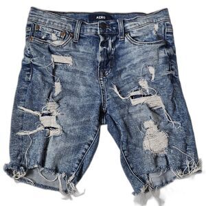 Aero Men's Distressed Frayed Slim Bermuda Cut-Off Shorts Stretch Size 27